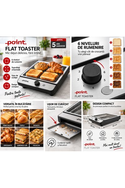 Point Prajitor de Paine Plat Flat Toaster, 6 Niveluri de Rumenire, Gratar Orizontal pentru Paine, Chifle, Baghete si Croissante