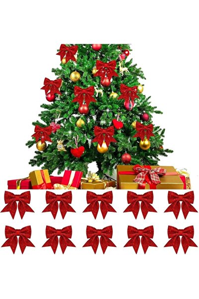 GENERAL 10 Packs Red Christmas Bows Decorations,Glitter Red Christmas Tree Bo...