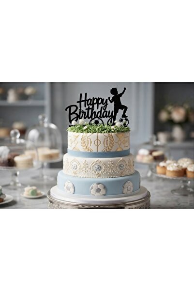 Futbolcu Çocuk ve Futbol Topu Temalı Doğum Günü Pasta Süsü - Happy Birthday Cake Topper - Kişiye ve Partiye Özel Dekor