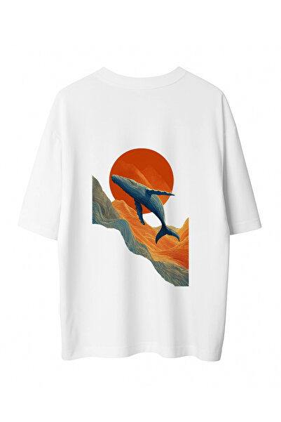 Sunset Whale Sırt Baskılı Oversize Tshirt BEYAZ / PREMIUM COLLECTION