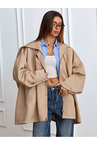 Dakfrogs Kadın Kapüşonu Fermuar Detaylı Oversize Trençkot