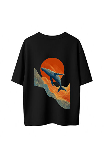 Sunset Whale Sırt Baskılı Oversize Tshirt BEYAZ / PREMIUM COLLECTION