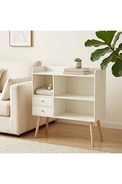 Fakhamah Al Manzil Nordic Entryway Storage Cabinet, Open Shelves With Two Dra...