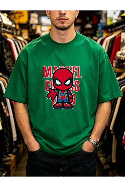 Arabest Men's 100% Cotton T-Shirt Green Marvel Chibi Spider-Man Print
