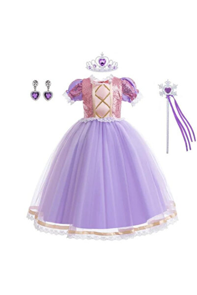 Stuniko Rochie Prințesă Rapunzel pentru Fete, Mov cu Tulle și Paiete, Coroniț...