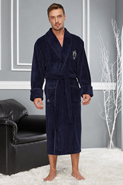 Nuşa Men's Shawl Collar Embroidered Bamboo Cotton Soft Absorbent Luxury Bathrobe
