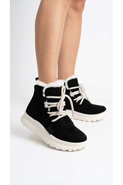 Limeo Women's Suede Look Plush Fur Detailed Lace-Up Winter Boots