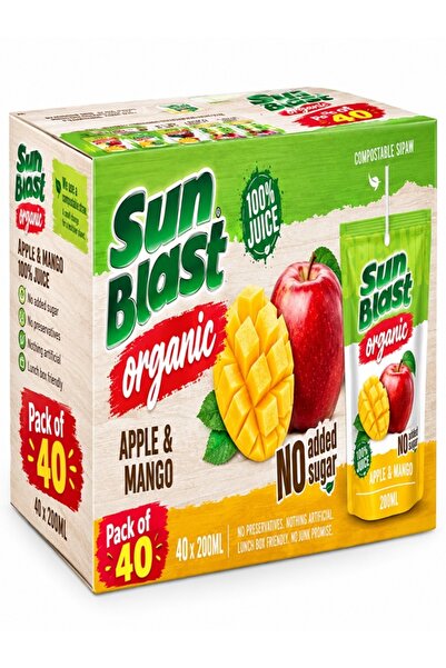 Sun Blast عصير التفاح والمانجو العضوي (100% طبيعي) بدون سكر مضاف - 200 مل × 1...