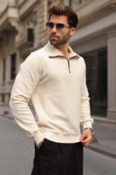 Madmext Beige Stand Collar Half Zipper Men's Sweatshirt E7211