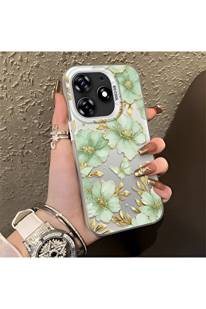 CASEVIBE Tecno Spark 10 Pro Uyuml Altın Kenarlı Açık Yeşil Çiçek ve Kelebek D...