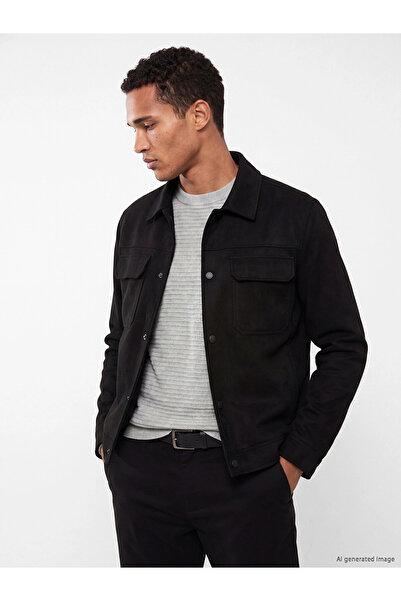 LC Waikiki Lcw Vision Black Regular Fit Shirt Collar Men's Suede Coat
