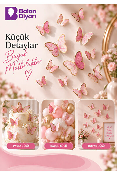 20 Adet Pembe Gold Kelebek Süs – Pasta Süsü, Balon Süsü ve Duvar Dekoru