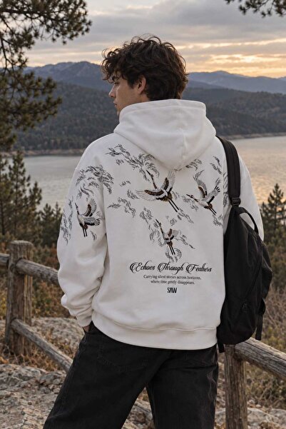 Mileyha Unisex Oversize Turna Nakışlı Kapüşonlu Sweatshirt Hoodie Beyaz