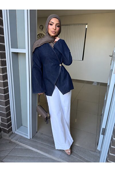 onlymoon Lacivert Yumuşak Denim Kumaş Asimetrik Kesim Arkadan Bağlamalı Tunik...