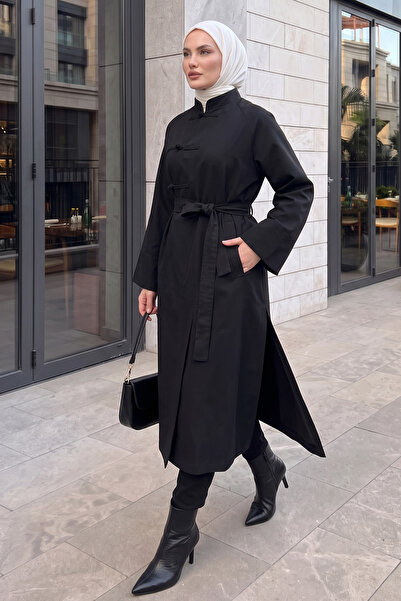 Salih Çelebi Chinese Buttoned Trench Coat 202702 - Black