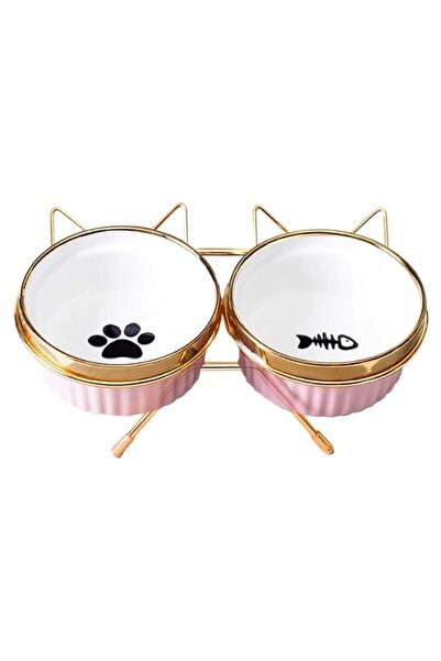 WELSMAR Set de două boluri ceramice pentru pisici și câini, bază metalică, roz cu detalii aurii, 2x300ml