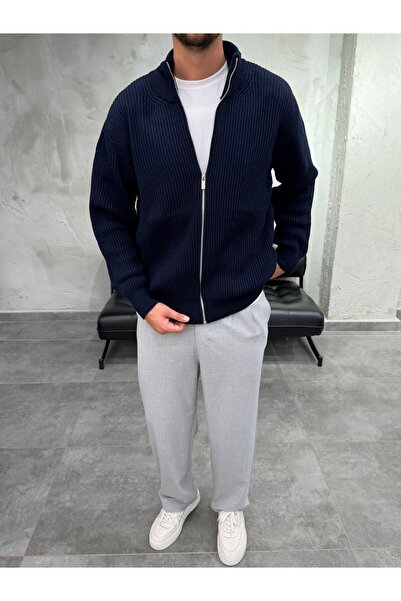 DIFRANSEL JEANS Collar Zippered Reverse Knit Navy Blue Knitwear Cardigan