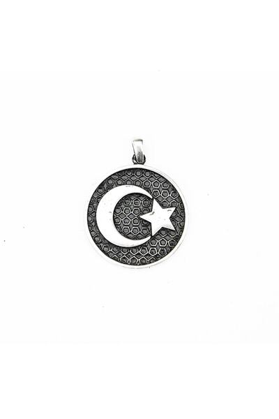 BlackCraft Silver Crescent and Star Embossed Model Men's Necklace