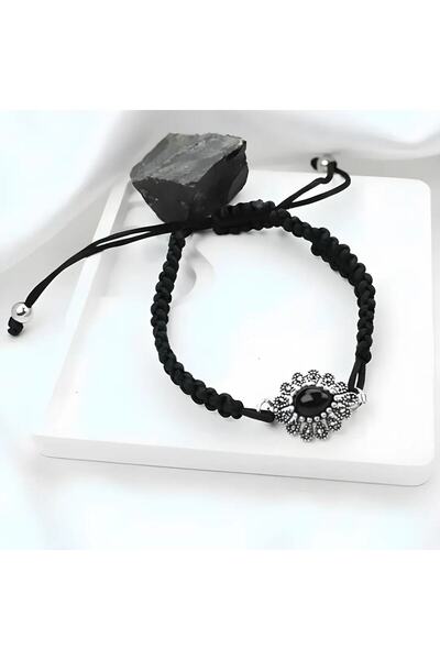 BlackCraft Feeling Oltu Stone Silver Frame Adjustable Bracelet