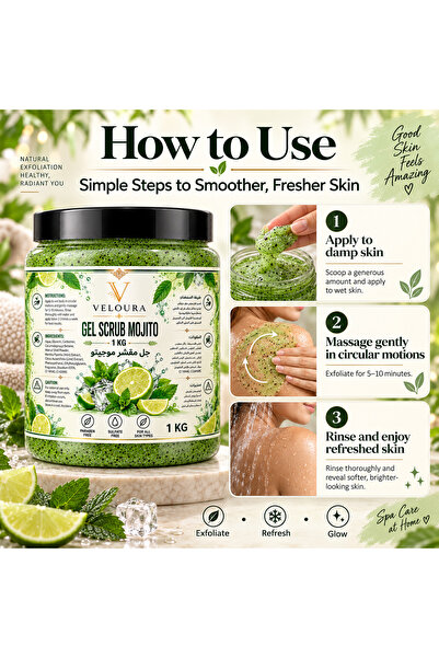 Veluora MOJITO GEL SCRUB 1KG – FRESH & REVITALIZING EXFOLIATING BODY SCRUB FOR HANDS, FEET & BODY