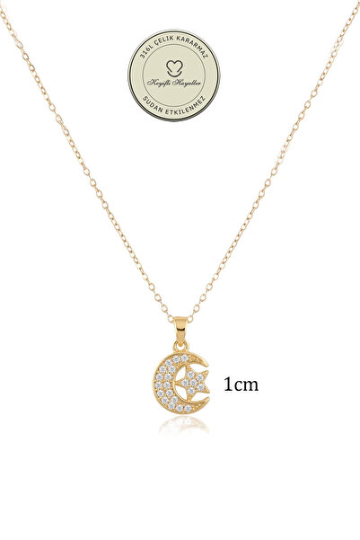 Keyifli Hayaller Çelik Kolye - 1cm Beyaz Taş Ayyıldız 316L Çelik Kolye Kararmaz Solmaz 45+5cm