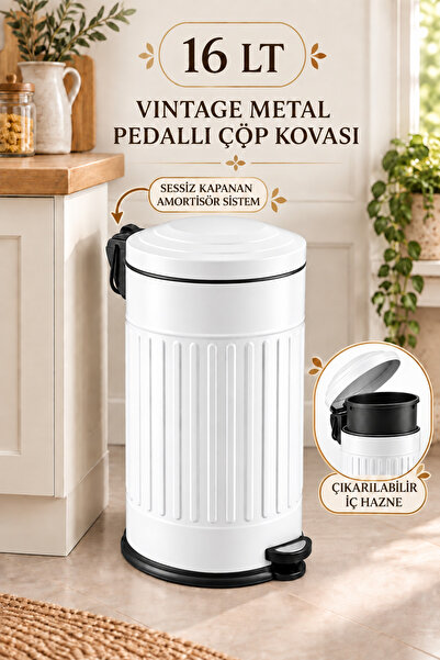 Funny Life 16 Lt Vintage Metal Pedallı Çöp Kovası Sessiz Kapanan Kapaklı Çıka...