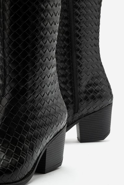 by selvi Lukka Shoes Elena Women's Black Faux Leather Knitted Patterned Boots