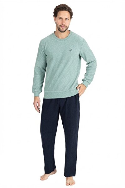 Erse Men's 100% Cotton Mint Crew Neck Thessaloniki Woven Thick Winter Pajama Set