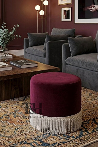 T&H İstanbul Püsküllü Puf Bordo, Dekorasyon Pufu, Bordo Püsküllü Puf