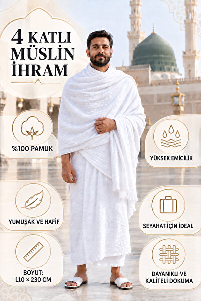 FH Living 4 Katlı Müslin Erkek İhramı %100 Pamuk Yüksek Emici 110x230 cm