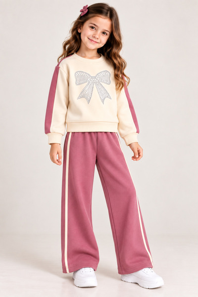 HELMİRA Girl's Three-Thread Fabric Stone-Embellished Bowknot 2-Piece Tracksui...