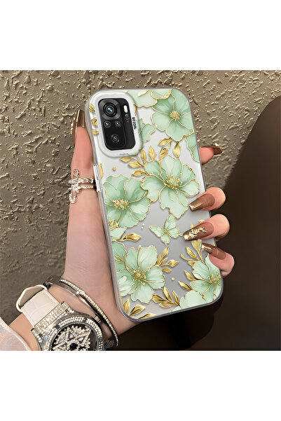 CASEVIBE Redmi Note 10 4G/Note 10S Uyuml Altın Kenarlı Açık Yeşil Çiçek ve Ke...