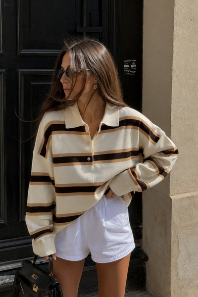 Black Fashion Polo Yaka Düğme Detay Bej Çizgili Triko Kazak