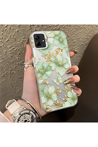 CASEVIBE Samsung Galaxy A03/A04E/A04 Uyuml Altın Kenarlı Açık Yeşil Çiçek ve ...