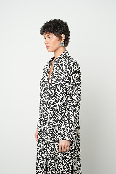 Orfeo Negro Women's Leaf Patterned Black - White Tunic Dress