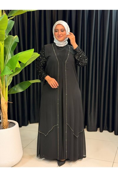 Butik büyük beden Double Evening Dress with Sequined Sleeves