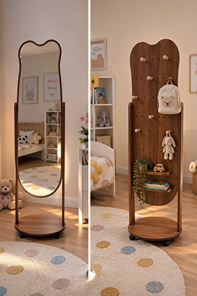 Chermik Ahşap Ayıcık Kulaklı Oval Gövdeli Çocuk Odası Boy Aynası Tekerlekli Delikli Panel Askılık Kombinli 170*41 12-3