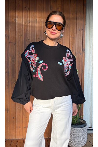 Aurélie Kadın Nakışlı Poplin Balon Kollu Örme Bluz/Sweatshirt