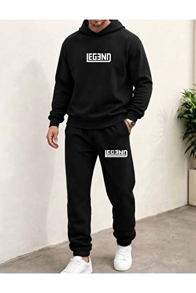 LELVANİ Men's Legeno Text Printed Top and Bottom Hooded Tracksuit Set