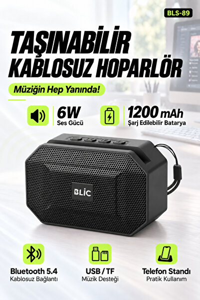 Blic BLS-89 Bluetooth 5.4 Taşınabilir Hoparlör Siyah 6W RMS, Telefon Standlı,...