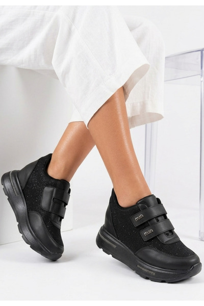 Zerenyus Rete Premium Thick Sole Black Velcro Glitter Women's Sneaker