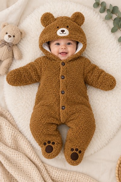 Beniizle 0-6 Ay Unisex Ayıcık Kapüşonlu Welsoft Bebek Tulum
