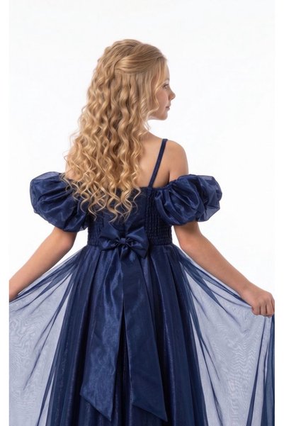 Baby Aden Babyaden Balloon Sleeve Long Glitter Fabric Girls Satin Evening Dress