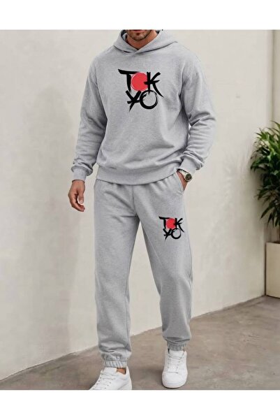 LELVANİ Men's Tokyo Red Round Printed Hooded Bottom-Top Tracksuit Set