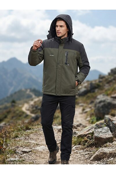 MY DEDE Haki Siyah İki Renkten Oluşan Softshell Kapişonlu Erkek Mont