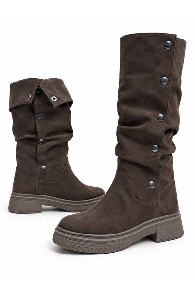 bakac store Women's Brown Suede Buttoned Boots That Can Be Worn in Two Ways