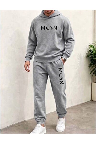 LELVANİ Men's Moon Visual Printed Hooded Tracksuit Set