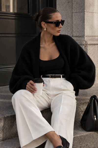 Black Fashion Yün Karışımlı Balon Kol Siyah Bolero Kazak