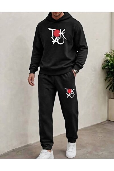 LELVANİ Men's Tokyo Red Round Printed Hooded Bottom-Top Tracksuit Set