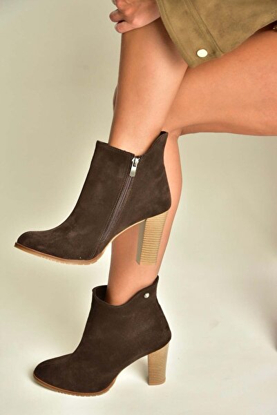 Fox Shoes Z654047961 Brown Genuine Leather Suede Thick Heeled Women's Boots